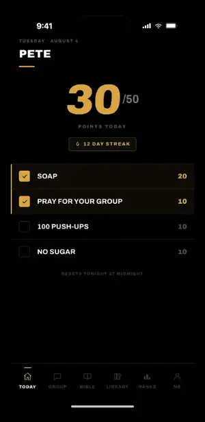 The Challenge App on iPhone: the daily challenge checklist, the group chat, the reading plan and the weekly leader board